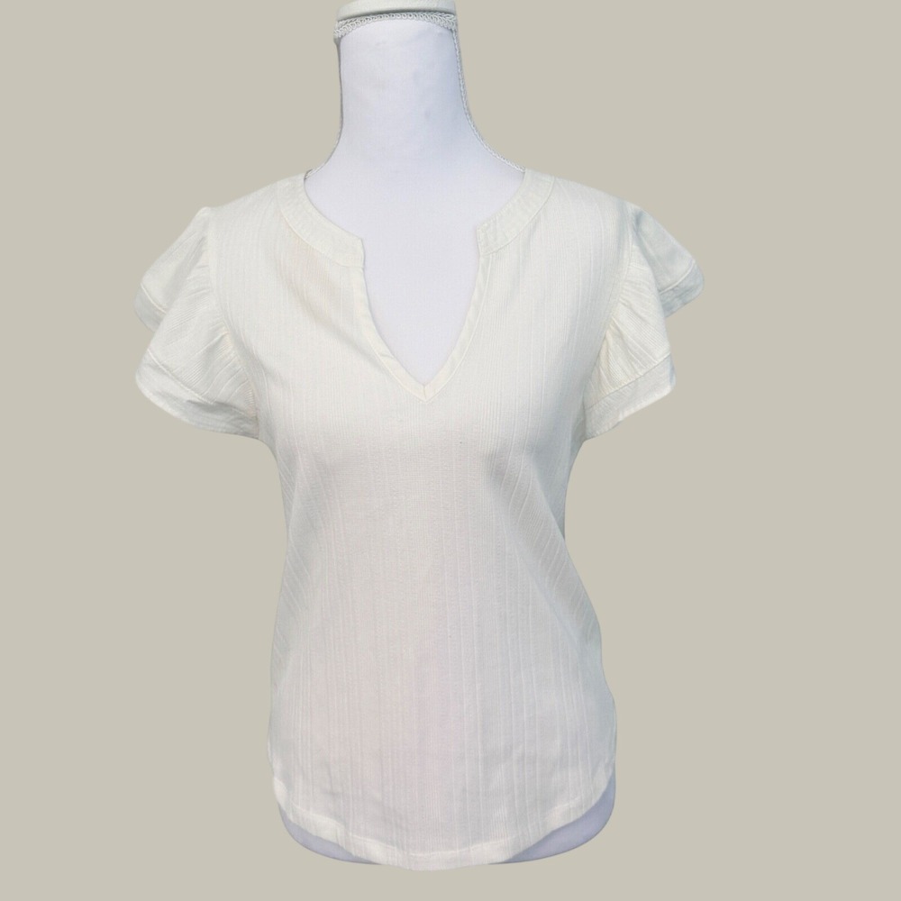 Democracy Flutter Sleeve Top Women XS Ivory White Ribbed Split Neck Knit Tee NEW
